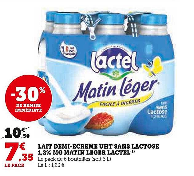 lait demi-écrémé uht sans lactose 1,2% mg matin léger lactel