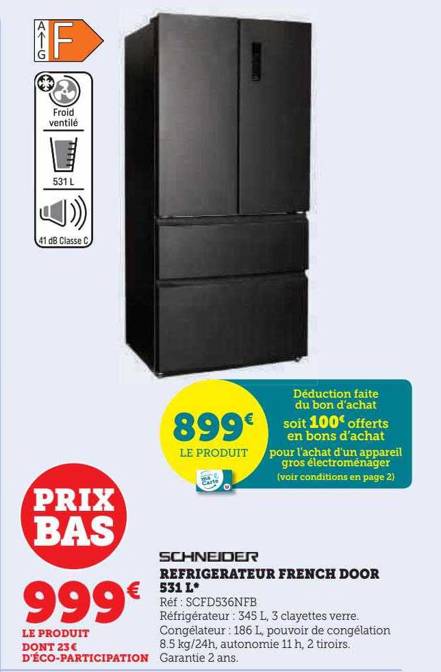 réfrigérateur french door 531l schneider