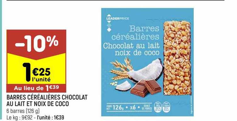 barres céréalières chocolat au lait et noix de coco