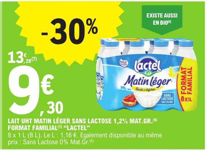 lait uht matin léger sans lactose 1,2% mat.gr. format familial "lactel"