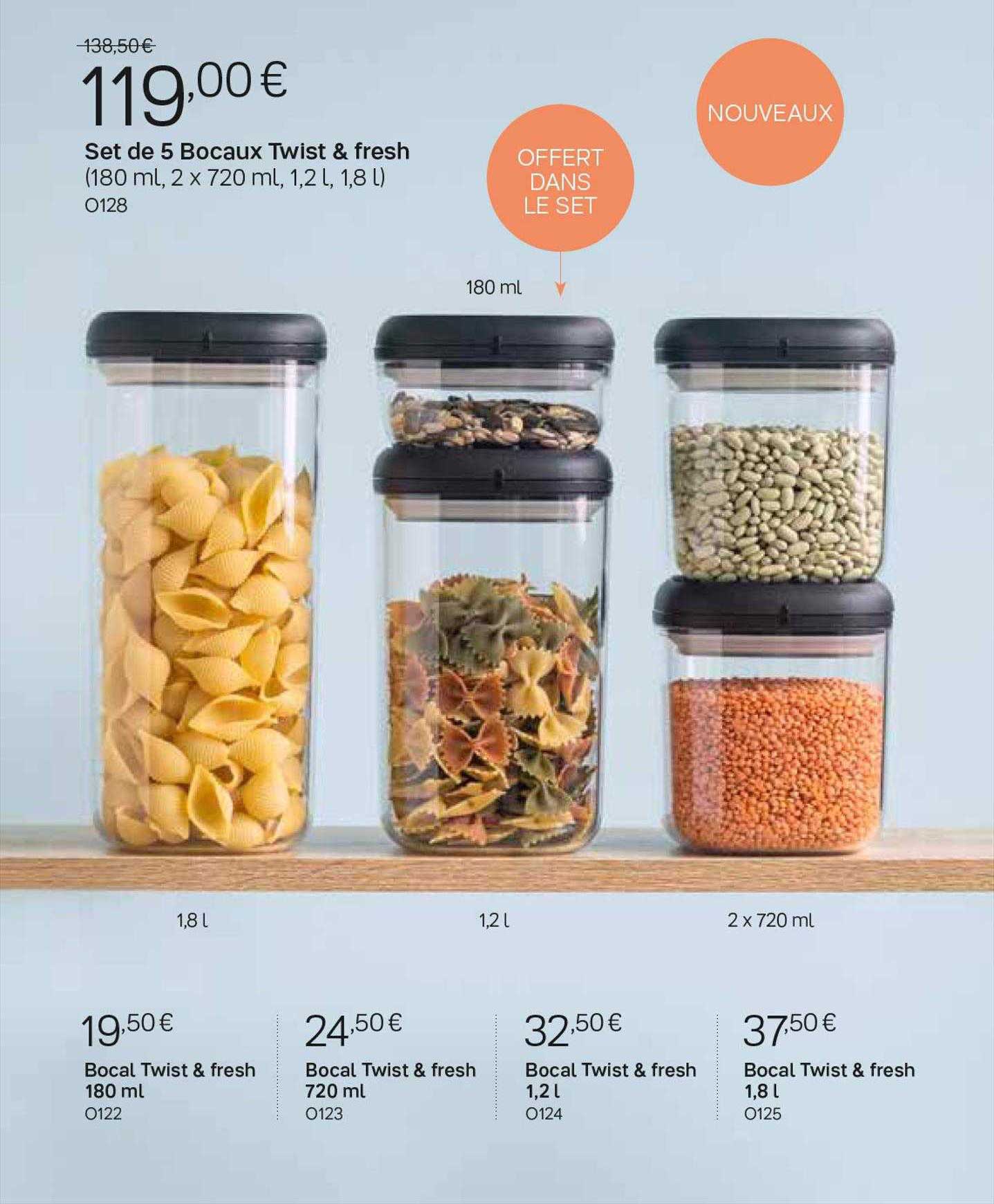 set de 5 bocaux twist & fresh, bocal twist & fresh 180ml, bocal twist & fresh 720ml, bocal twist & fresh 1,2l, bocal twist & fresh 1,8l