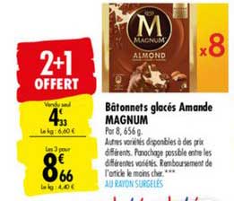 Bâtonnets Glacés Amande Magnum 2+1 Offert
