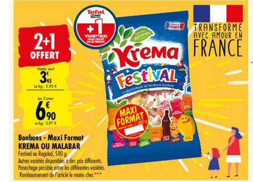 bonbons maxi format krema ou malabar 2+1 offert