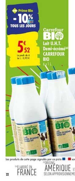 lait u.h.t. demi écrémé carrefour bio -10% tous les jours