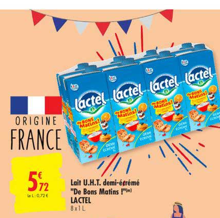lait u.h.t. demi écrémé de bons matins ! lactel