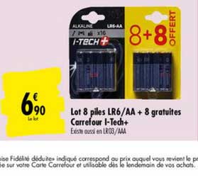 lot 8 piles lr6 aa + 8 gratuites carrefour l tech+
