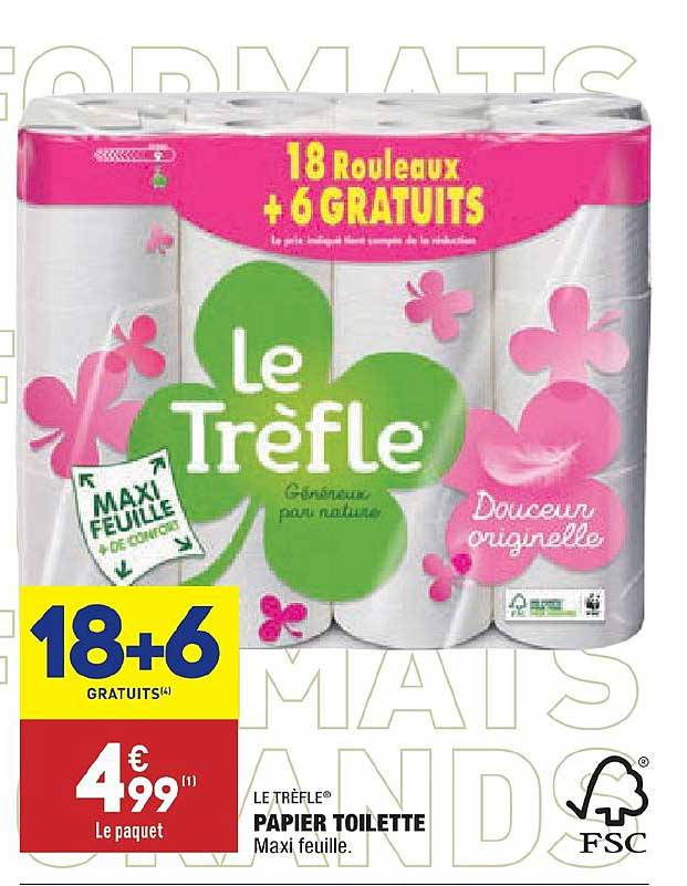 papier toilette le trèfle 18+6 gratuits