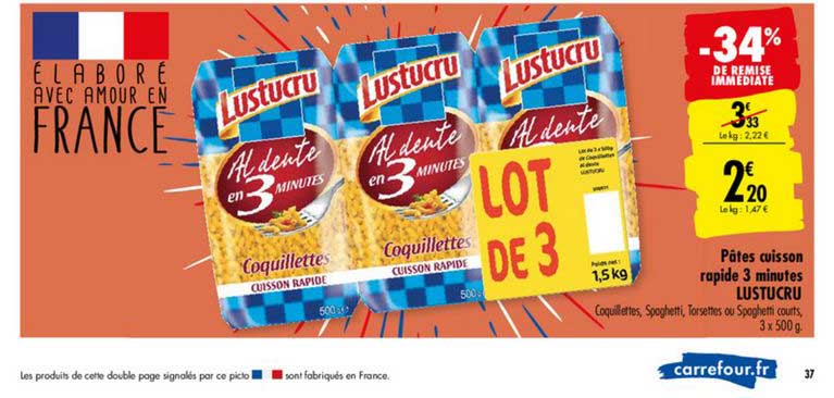 pâtes cuisson rapide 3 minutes lustucru -34% de remise immédiate