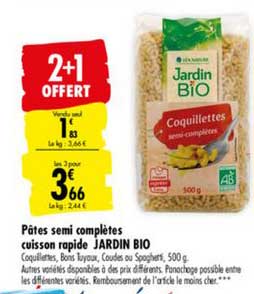 pâtes semi complètes cuisson rapide jardin bio 2+1 offert