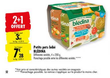 petits pots bébé blédina 2+1 offert
