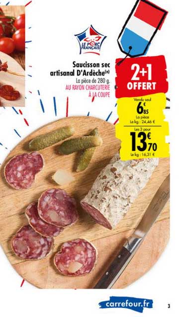 saucisson sec artisanal d'ardèche 2+1 offert