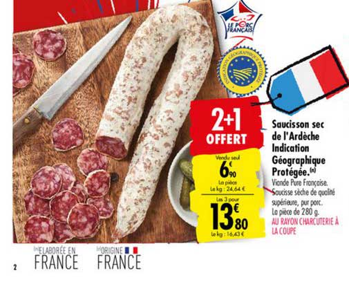 saucisson sec de l'ardèche indication géographique protégée 2+1 offert