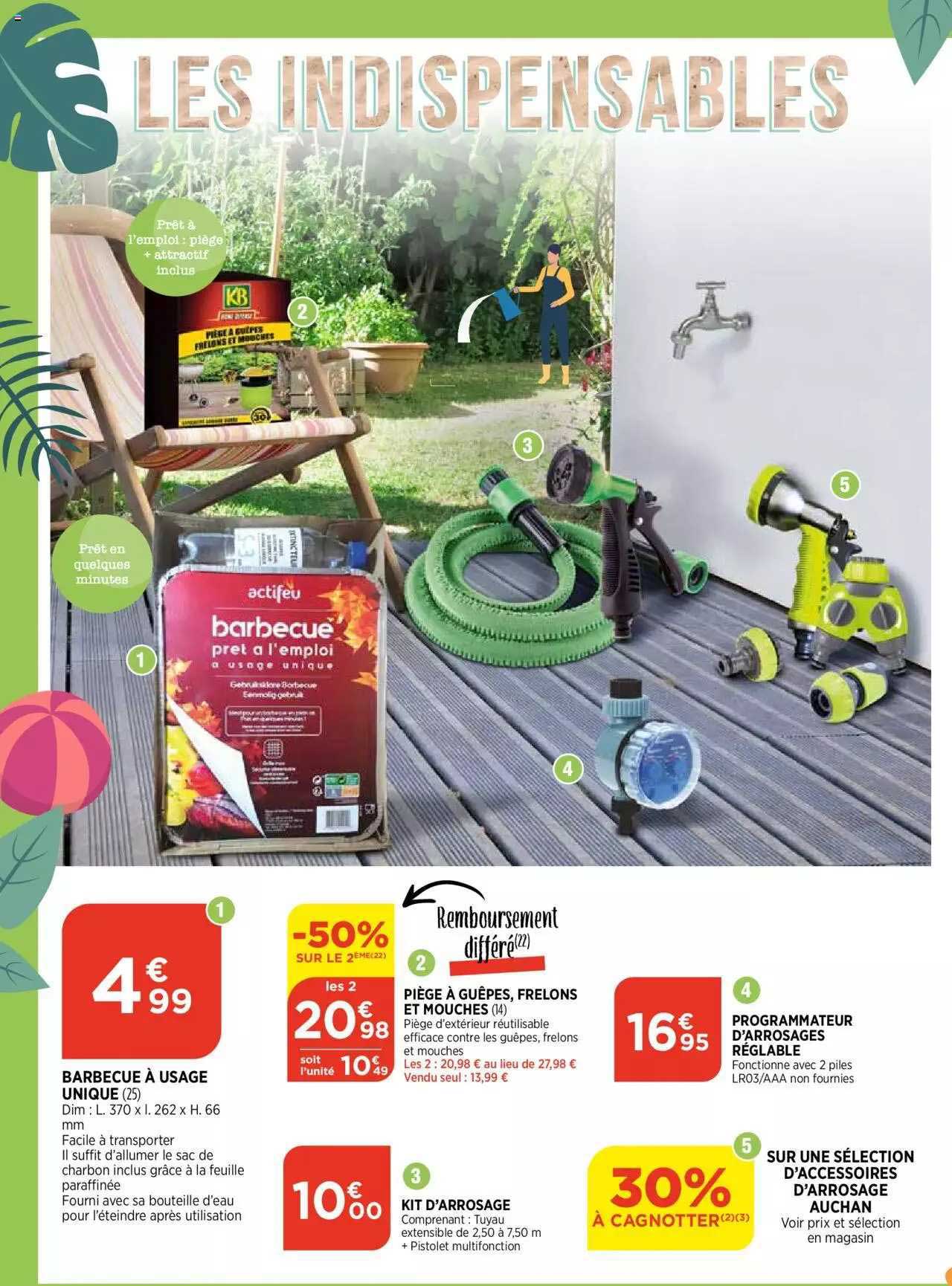 barbecue à usage unique, piège à guêpes, frelons et mouches, kit d'arrosage, programmateur d'arrosage réglable, accessoires d'arrosage auchan