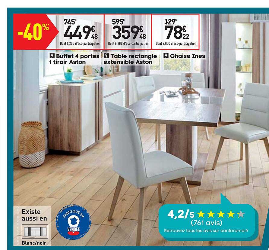 buffet 4 portes 1 tiroir aston, table rectangle extensible aston, chaise ines