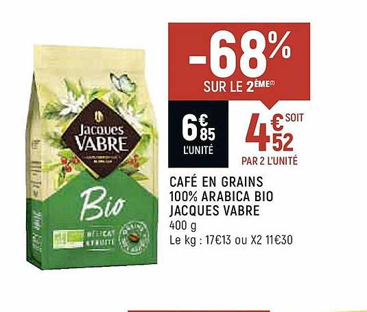 café en grain 100% arabica bio jacques vabre