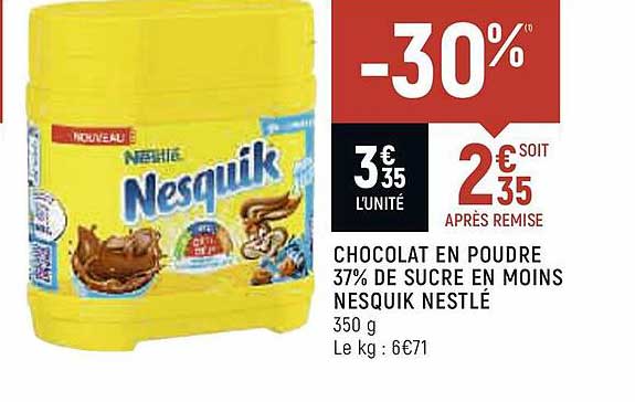 chocolat en poudre 37% de sucre en moins nesquik nestlé