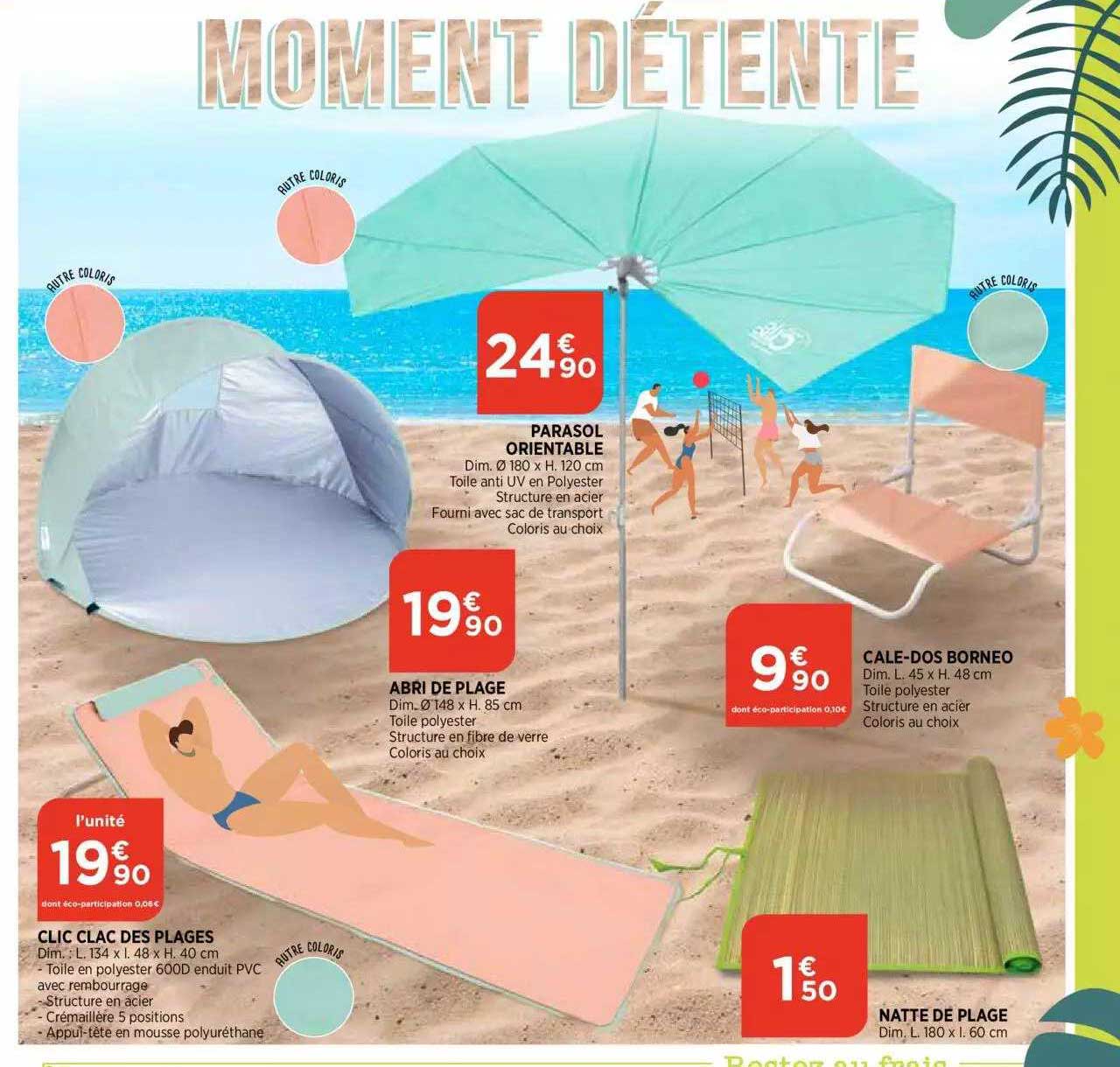clic clac des plages, natte de plage, abri de plage, parasol orientable, cale-dos borneo