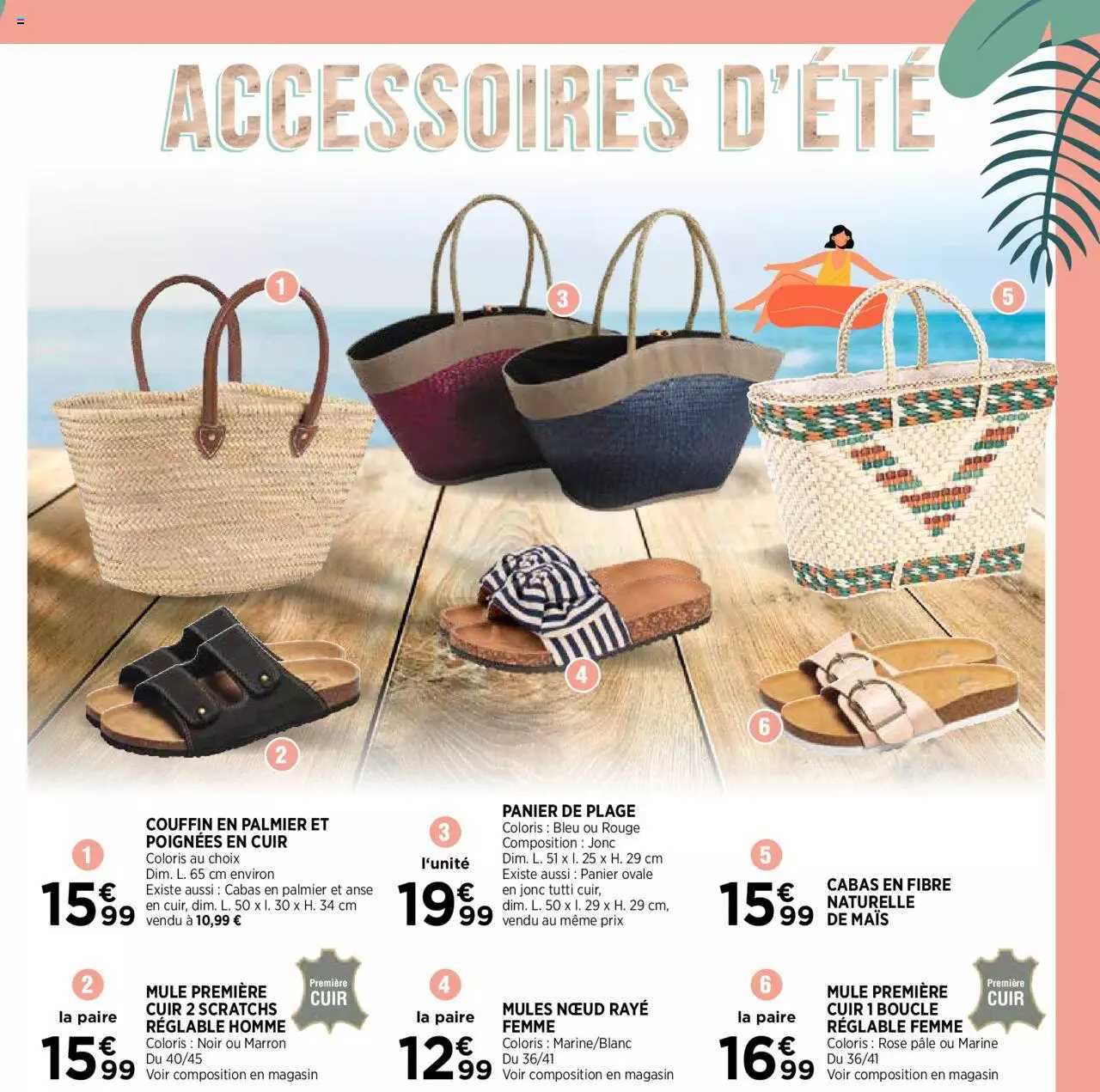 couffin en palmier et poignées en cuir, mule première cuire 2 scratchs réglable homme, panier de plage, mules nœud rayé femme, cabas en fibre naturelle de maïs, mule première cuir 1 boucle réglable