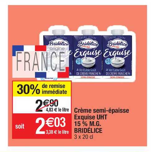 crème semi-épaisse exquise uht 15% m.g. bridélice