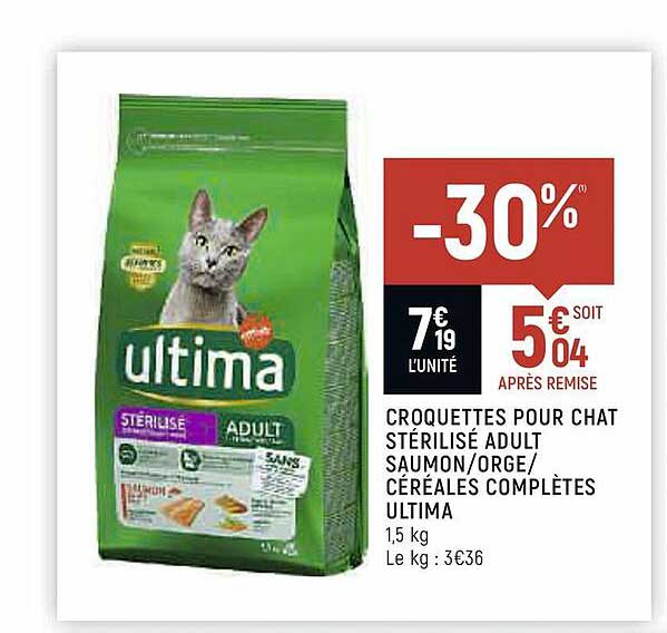 croquettes pour chat stérilisé adult saumon - orge - céréales complètes ultima