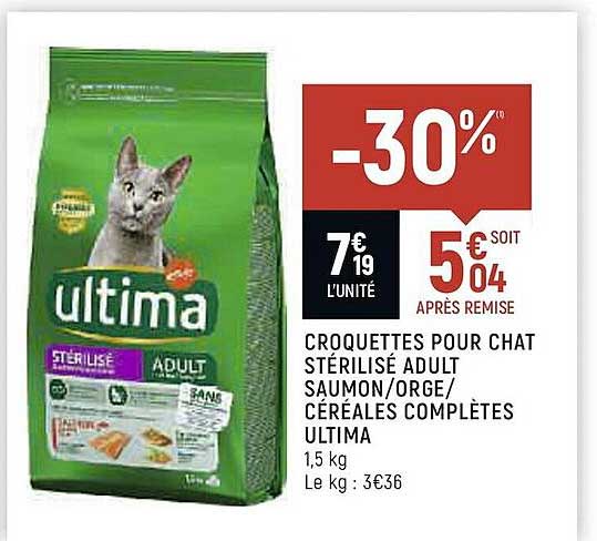 croquettes pour chat stérilisé adult saumon-orge-céréales complètes ultima