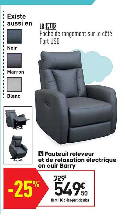fauteuil releveur et de relaxation électrique en cuir barry
