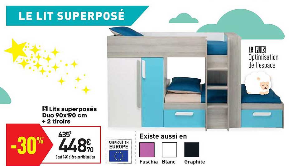 lit superposés duo 90x190 cm + 2 tiroirs