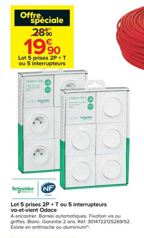 lot 5 prises 2p + t ou 5 interrupteurs va-et-vien odace