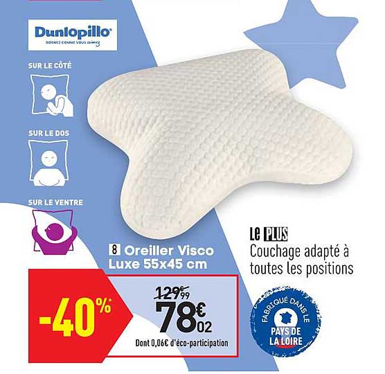 oreiller visco luxe 55 x 45 cm sunlopillo