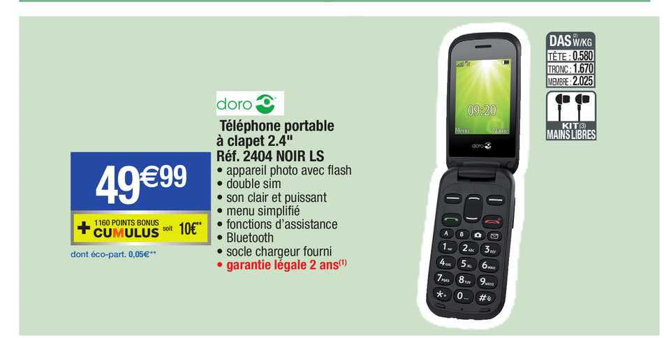 téléphone portable à clapet 2.4" 2404 noir ls doro