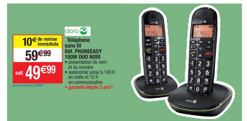 téléphone sans fil phoneeasy 100w duo noir doro
