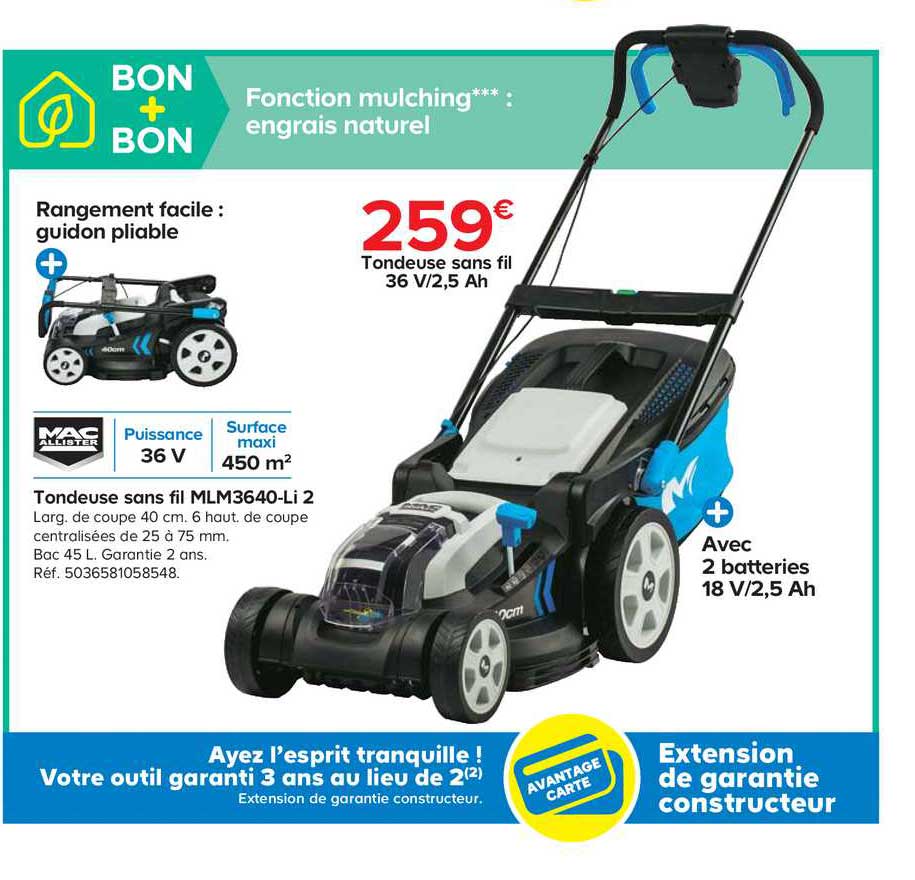tondeuse sans fil mlm3640-li 2 mac allister