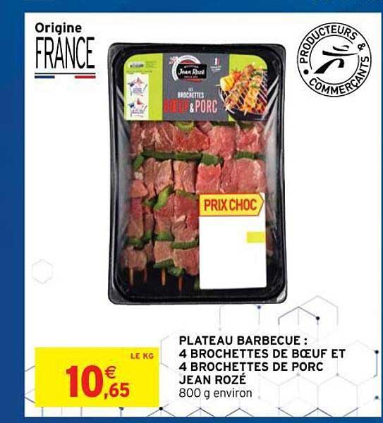 plateau barbecue : 4 brochettes de boeuf et 4 brochettes de porc jean rozé