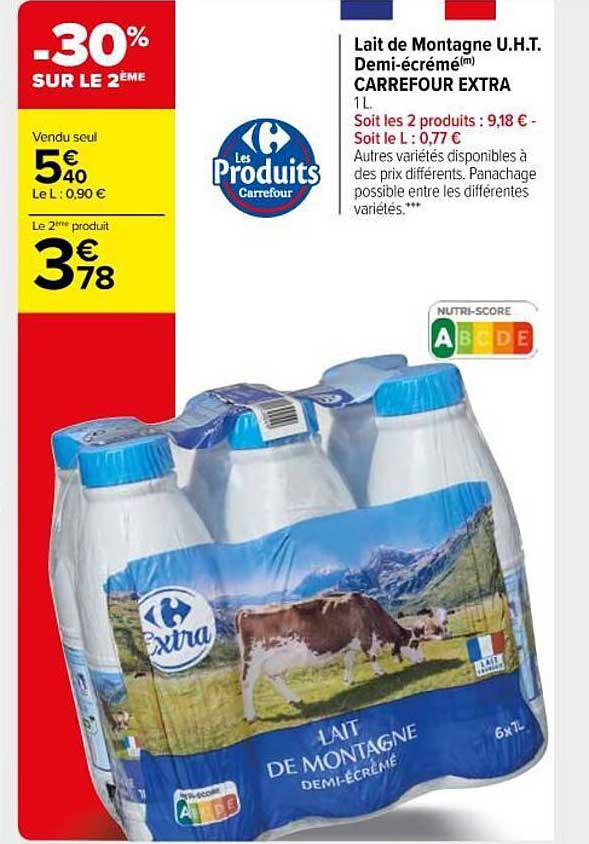 lait de montagne u.h.t. demi-écrémé carrefour extra