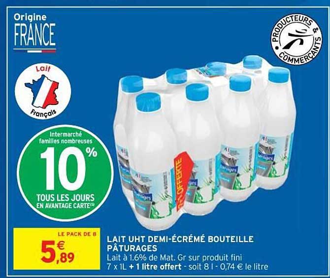 lait uht demi-écrémé bouteille pâturages