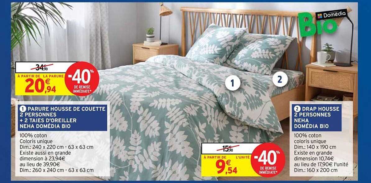 parure housse de couette 2 personnes + 2 taies d'oreiller neha domédia bio, drap housse 2 personnes neha domédia bio