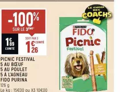 picnic festival 5 au boeuf, 5 au poulet, 5 à l'agneau fido purina
