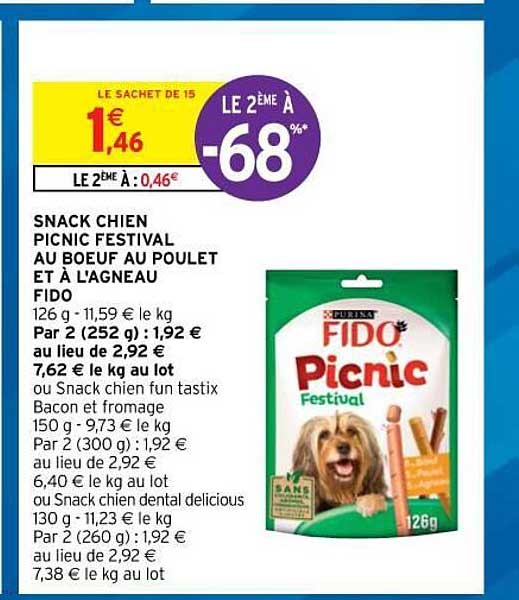 snack chien picnic festival au boeuf, au poulet et à l'agneau fido