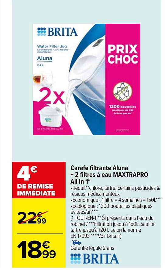 carafe filtrante aluna + 2 filtres à eau maxtrapro all in 1 brita