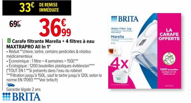 Carafe Filtrante Marella + 4 Filtres à Eau Maxtrapro All In 1 Brita
