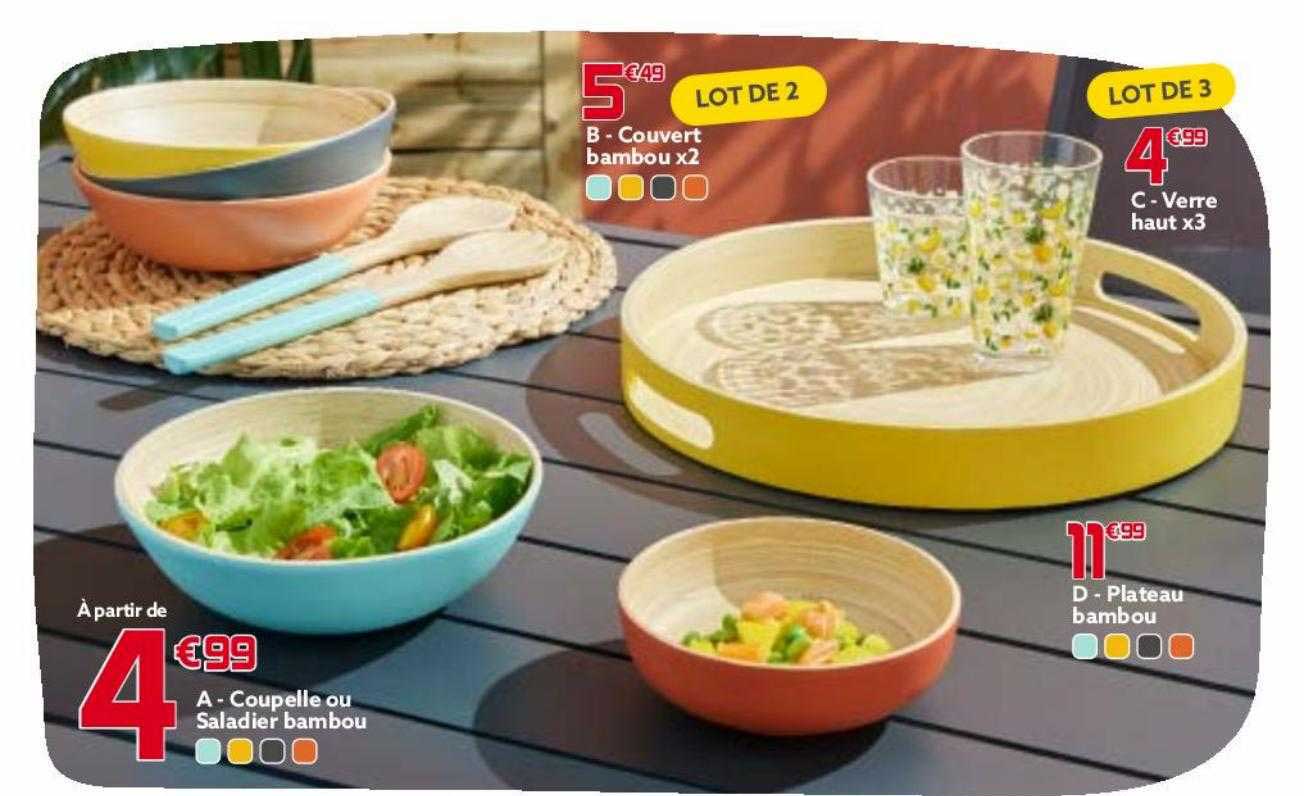 Couvert Bambou X 2, Coupelle Ou Saladier Bambou, Verre Haut X 3, Plateau Bambou