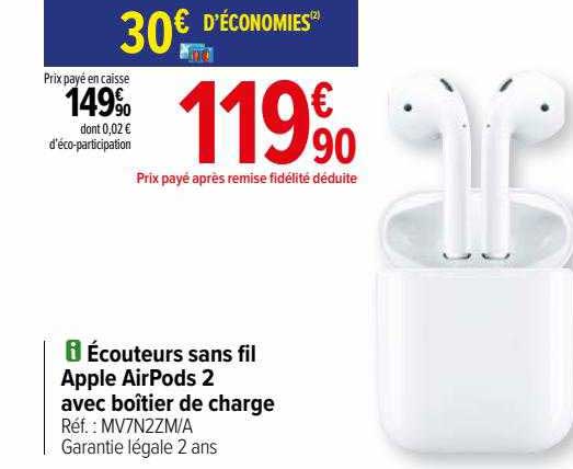 écouteurs sans fil apple airPods 2 avec boîtier de charge