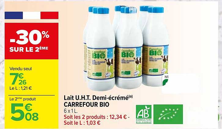 lait u.h.t. demi-écrémé carrefour bio