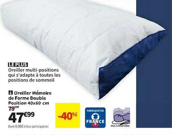 oreiller mémoire de forme double position 40 x 60 cm