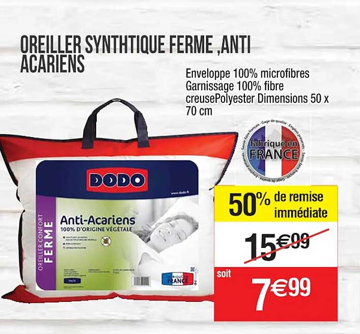 oreiller synthétique ferme, anti acariens dodo