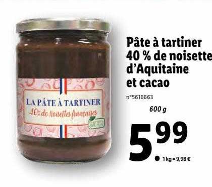 pâte à tartiner 40% de noisette d'aquitaine et cacao