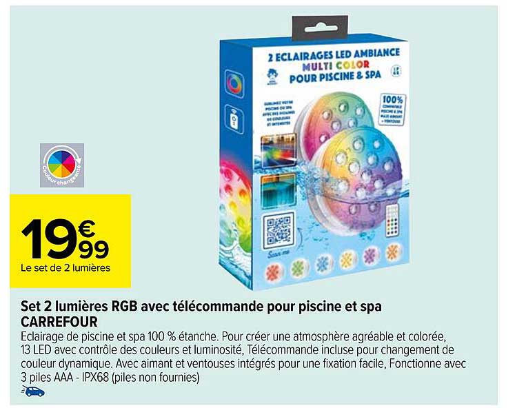 set 2 lumières rgb avec télécommande pour piscine et spa carrefour