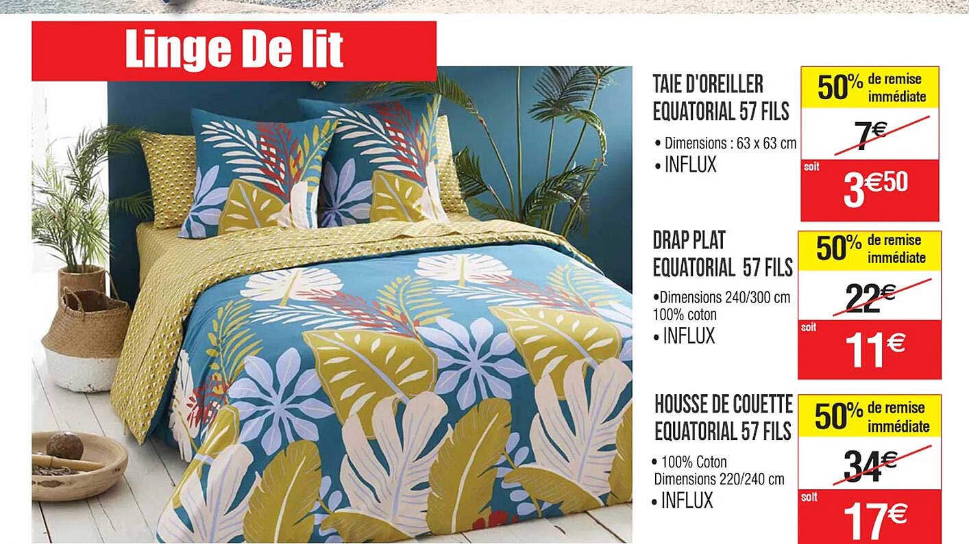 taie d'oreiller équatorial 57 fils, drap plat équatorial 57 fils, housse de couette équatorial 57 fils