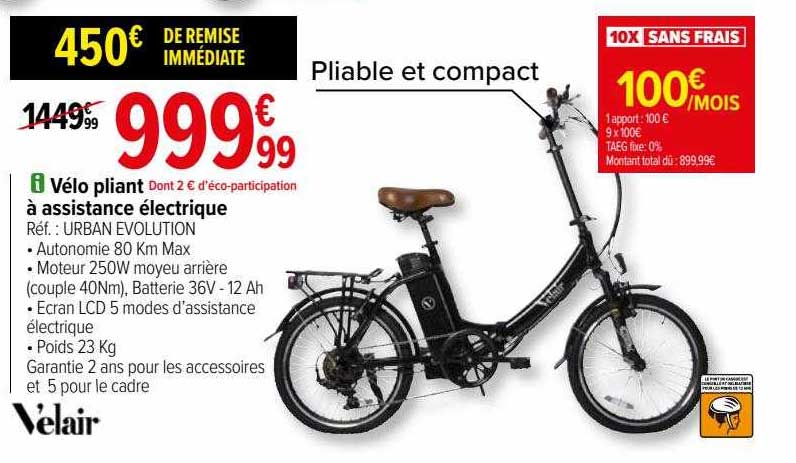 vélo pliant à assistance électrique velair
