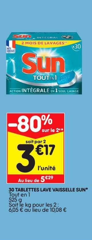 30 tablettes lave vaisselle sun -80% sur le 2e
